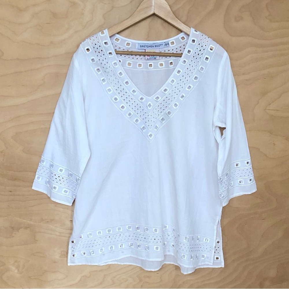 Gretchen Scott Designs White Eyelet V-Neck Tunic Blouse Womens Sz XL.